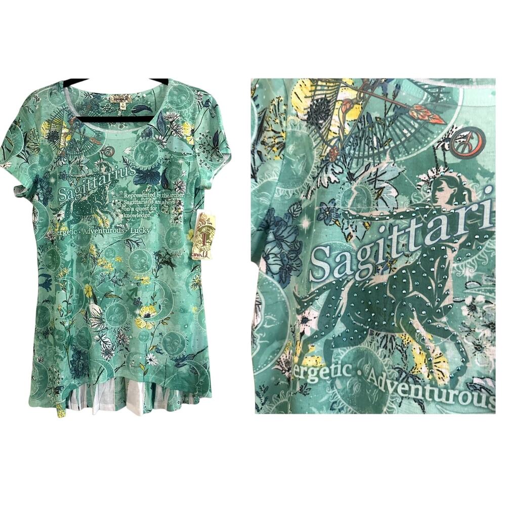 ONE WORLD Sagittarius Zodiac Astrology Green Embellished Top Pleated -Sz S - NWT